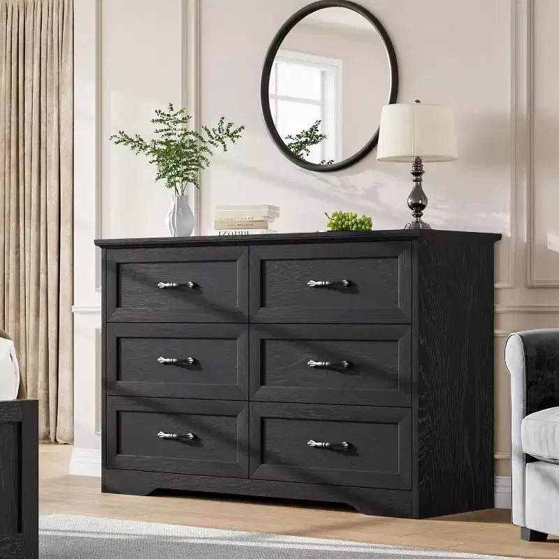 Cómoda de Madera de 6 Cajones para Dormitorio con Asas Metálicas Anchas, Cajonera Moderna de Estilo Rústico, Organizador de Almacenamiento para Dormitorio y Sala de Estar