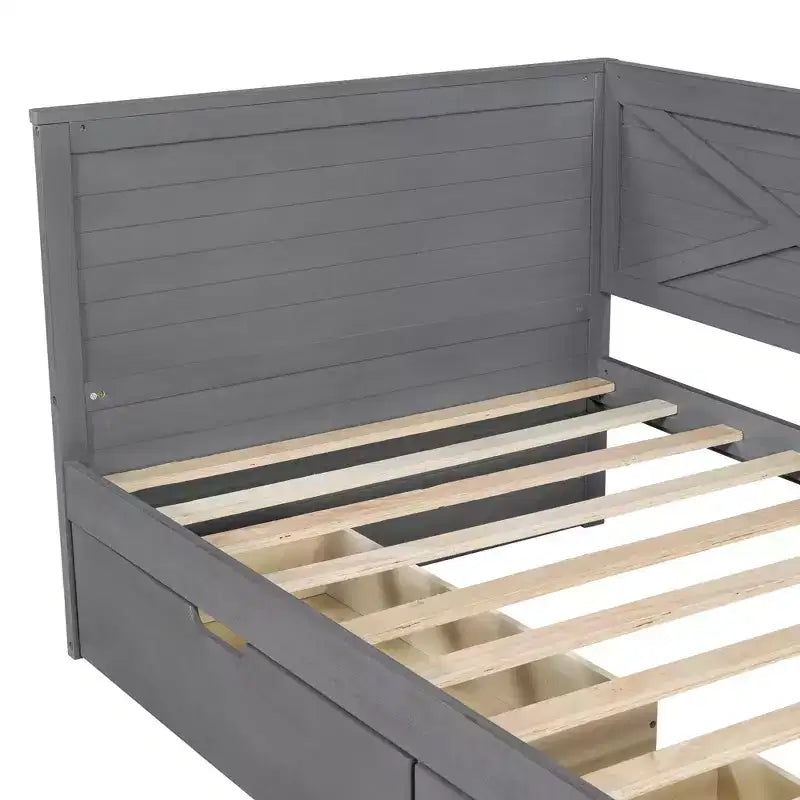 Estructura de diván individual con cajones de almacenamiento, diván de esquina en forma de L estilo rústico para dormitorio, gris