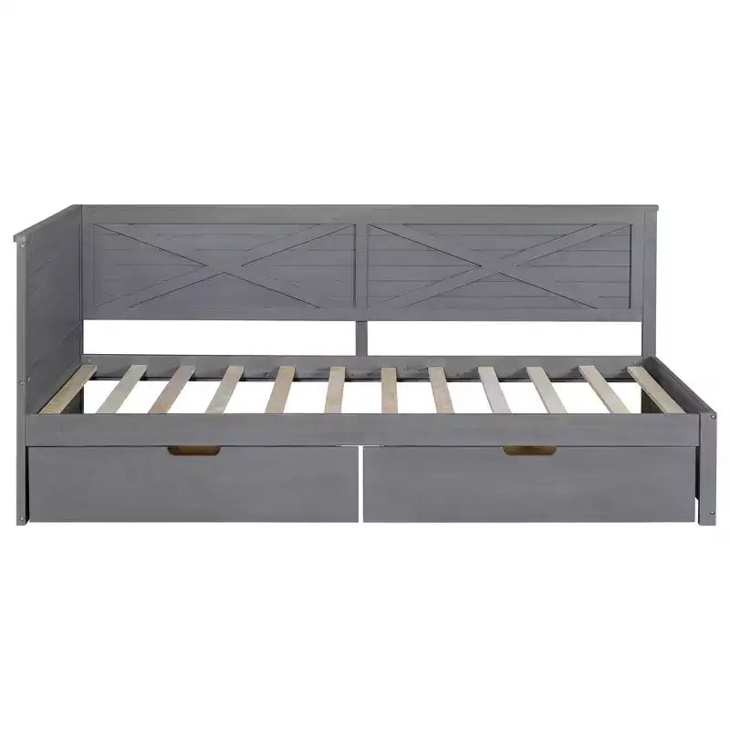 Estructura de diván individual con cajones de almacenamiento, diván de esquina en forma de L estilo rústico para dormitorio, gris