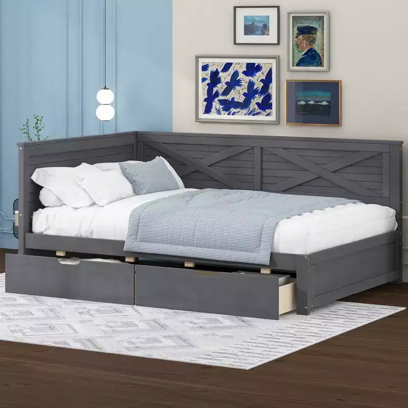 Estructura de diván individual con cajones de almacenamiento, diván de esquina en forma de L estilo rústico para dormitorio, gris