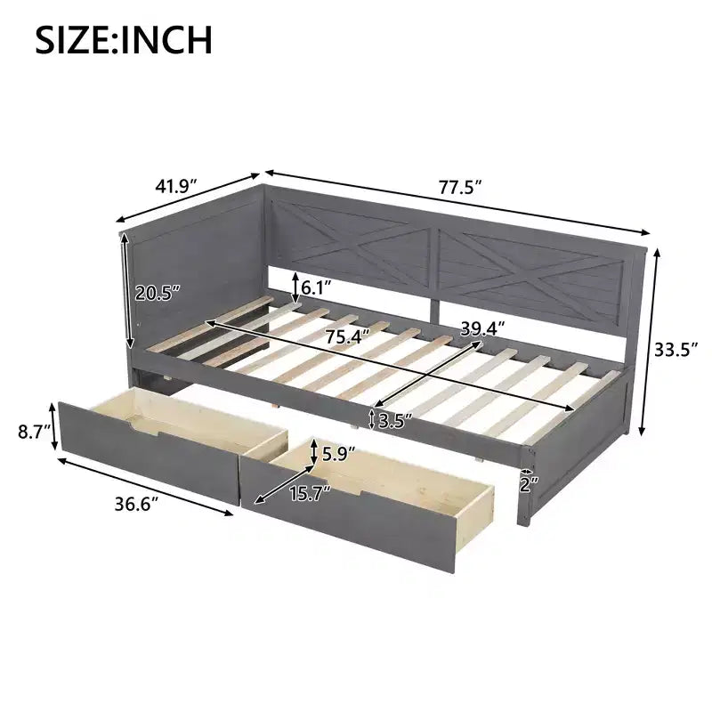 Estructura de diván individual con cajones de almacenamiento, diván de esquina en forma de L estilo rústico para dormitorio, gris