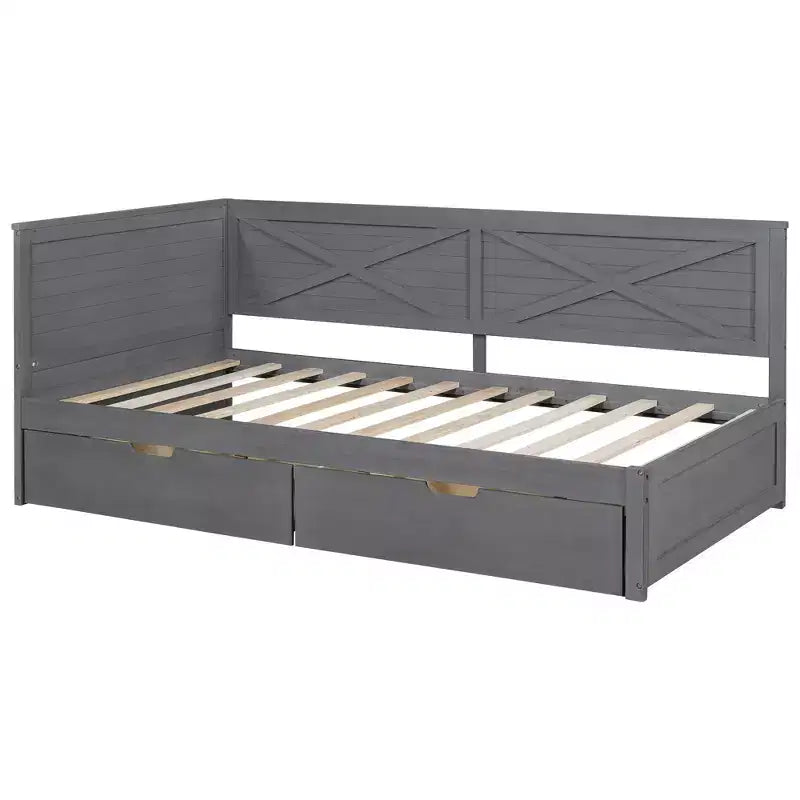 Estructura de diván individual con cajones de almacenamiento, diván de esquina en forma de L estilo rústico para dormitorio, gris