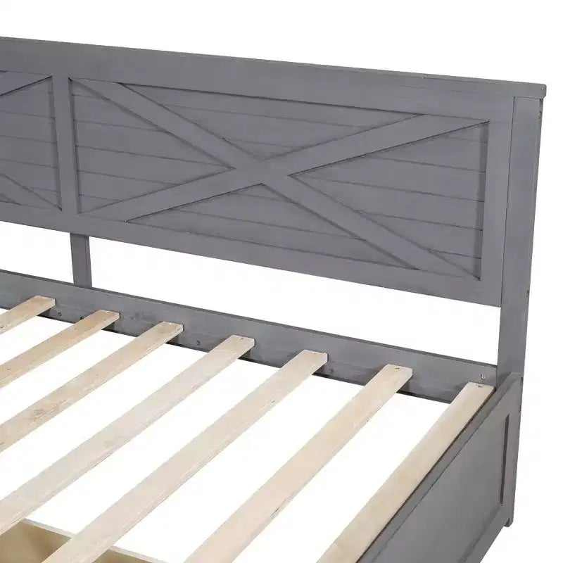 Estructura de diván individual con cajones de almacenamiento, diván de esquina en forma de L estilo rústico para dormitorio, gris