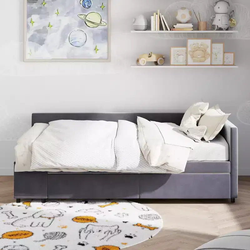Cama de plataforma en forma de L Whisen Twin Size con almacenamiento envolvente y cajones, construcción robusta y duradera