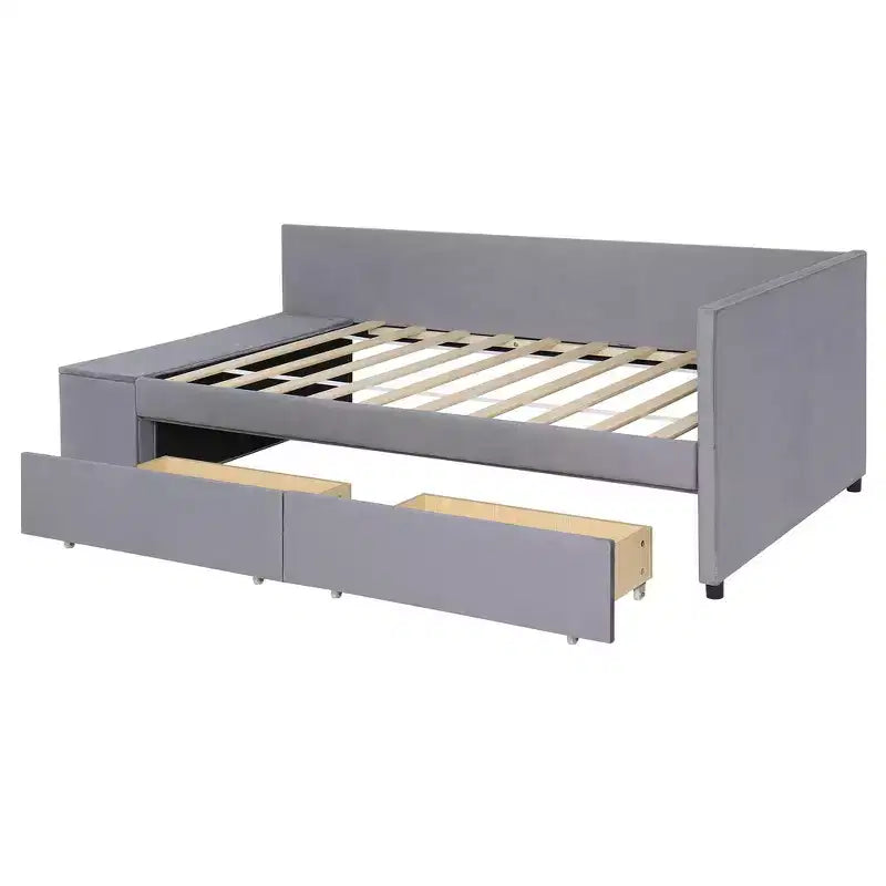 Cama de plataforma en forma de L Whisen Twin Size con almacenamiento envolvente y cajones, construcción robusta y duradera