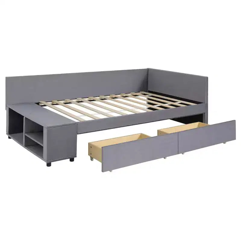 Cama de plataforma en forma de L Whisen Twin Size con almacenamiento envolvente y cajones, construcción robusta y duradera
