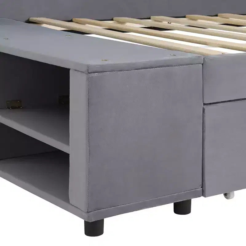 Cama de plataforma en forma de L Whisen Twin Size con almacenamiento envolvente y cajones, construcción robusta y duradera
