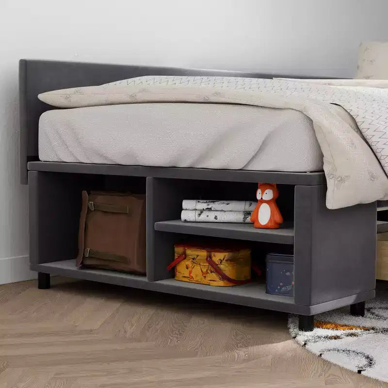 Cama de plataforma en forma de L Whisen Twin Size con almacenamiento envolvente y cajones, construcción robusta y duradera