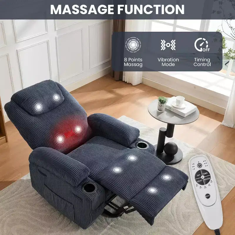 Sillón Reclinable Eléctrico con Elevador, Sillón Elevador con Masaje y Calor, Sillones Reclinables Eléctricos Ajustables de Pana con 2 Portavasos y Asistencia de Pie