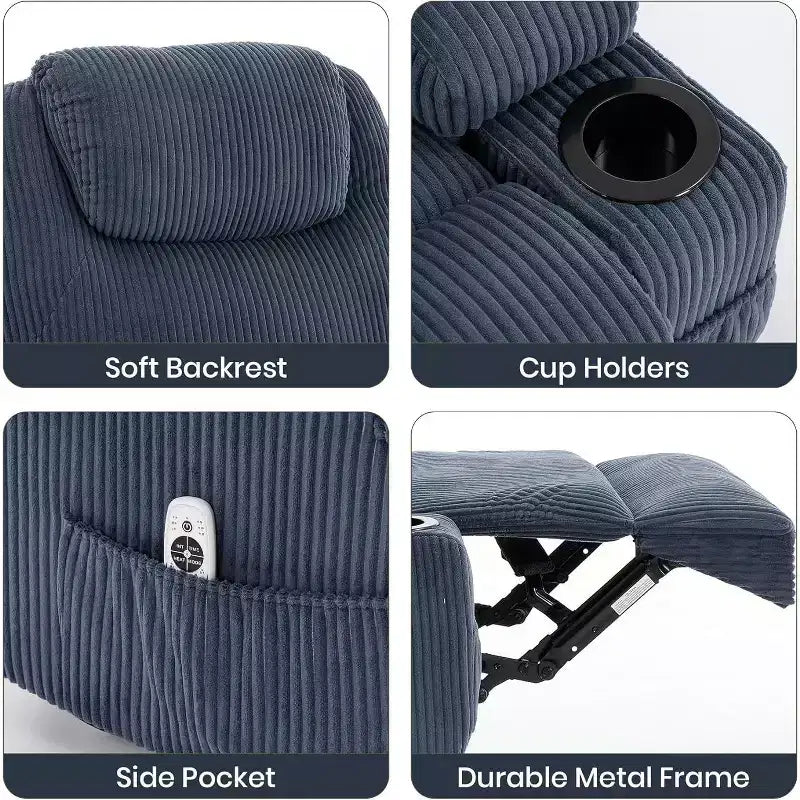 Sillón Reclinable Eléctrico con Elevador, Sillón Elevador con Masaje y Calor, Sillones Reclinables Eléctricos Ajustables de Pana con 2 Portavasos y Asistencia de Pie