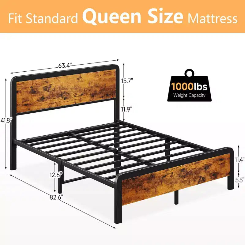 Base de cama tamaño "queen" con cabecero y pie de cama de madera, cama con plataforma de estilo rústico con listones metálicos, montaje sencillo para uso en dormitorio