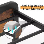 Base de cama tamaño "queen" con cabecero y pie de cama de madera, cama con plataforma de estilo rústico con listones metálicos, montaje sencillo para uso en dormitorio