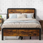 Base de cama tamaño "queen" con cabecero y pie de cama de madera, cama con plataforma de estilo rústico con listones metálicos, montaje sencillo para uso en dormitorio