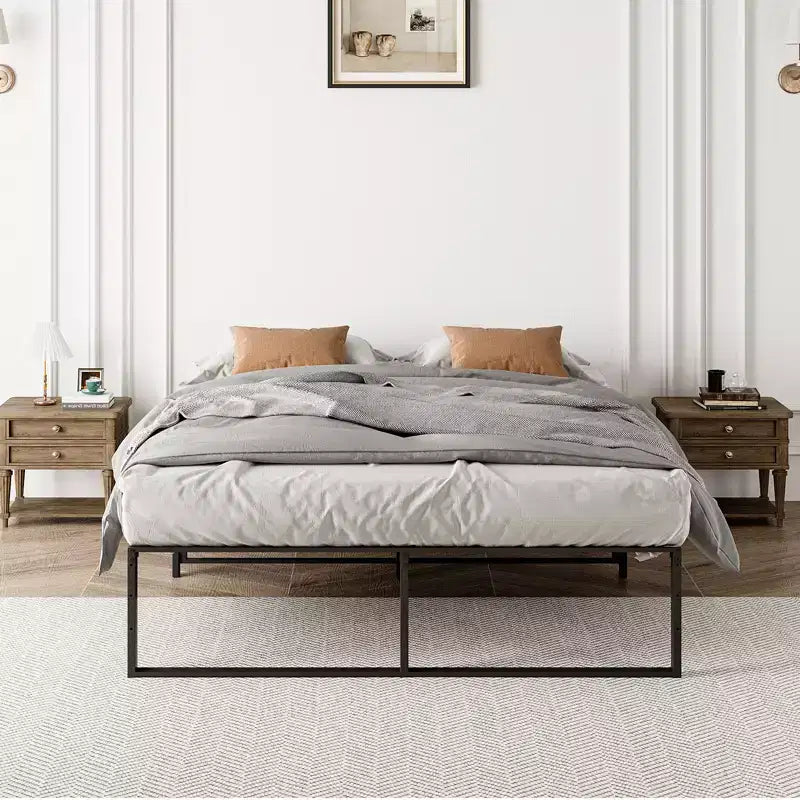 Estructura de cama sin cabecero, estructura de cama de plataforma de metal con almacenamiento debajo de la cama, no necesita somier, fácil de montar, somier de lamas de soporte fuerte