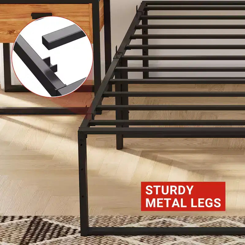 Estructura de cama sin cabecero, estructura de cama de plataforma de metal con almacenamiento debajo de la cama, no necesita somier, fácil de montar, somier de lamas de soporte fuerte