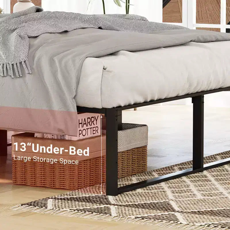 Estructura de cama sin cabecero, estructura de cama de plataforma de metal con almacenamiento debajo de la cama, no necesita somier, fácil de montar, somier de lamas de soporte fuerte
