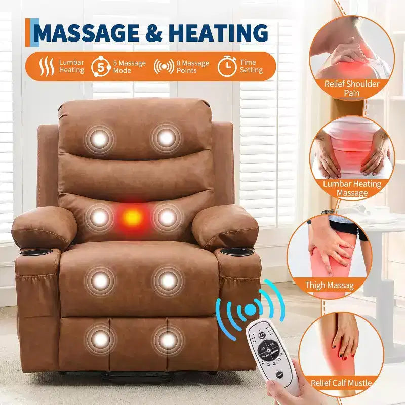 Sillón reclinable elevador con masaje y calor, reclinables eléctricos de gran tamaño, asiento para cine en casa con 2 portavasos laterales, sillón individual reclinable deslizante