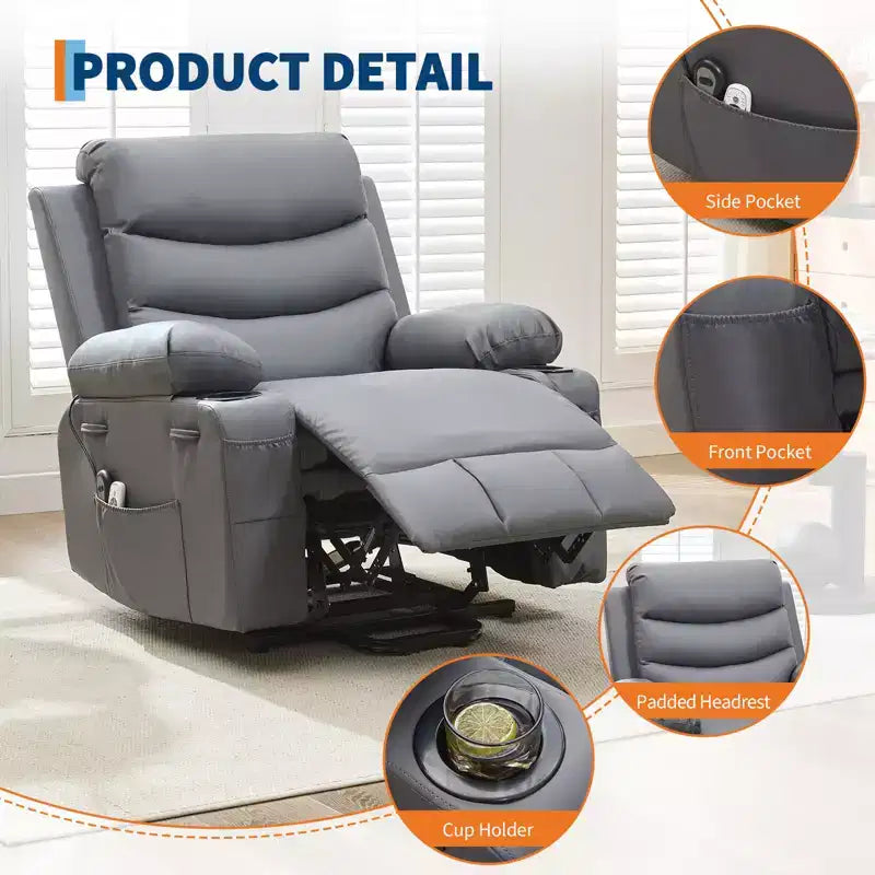 Sillón reclinable elevador con masaje y calor, reclinables eléctricos de gran tamaño, asiento para cine en casa con 2 portavasos laterales, sillón individual reclinable deslizante