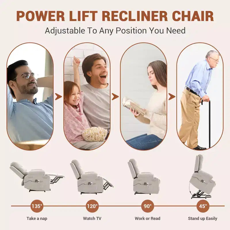 Sillón reclinable elevador con masaje y calor, reclinables eléctricos de gran tamaño, asiento para cine en casa con 2 portavasos laterales, sillón individual reclinable deslizante