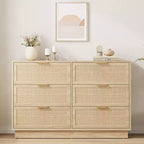 Cómoda de ratán con 6 cajones, 120 cm de ancho, roble natural, 6 cajones con tiradores metálicos y base de madera resistente para dormitorio, sala de estar, cuarto de bebé