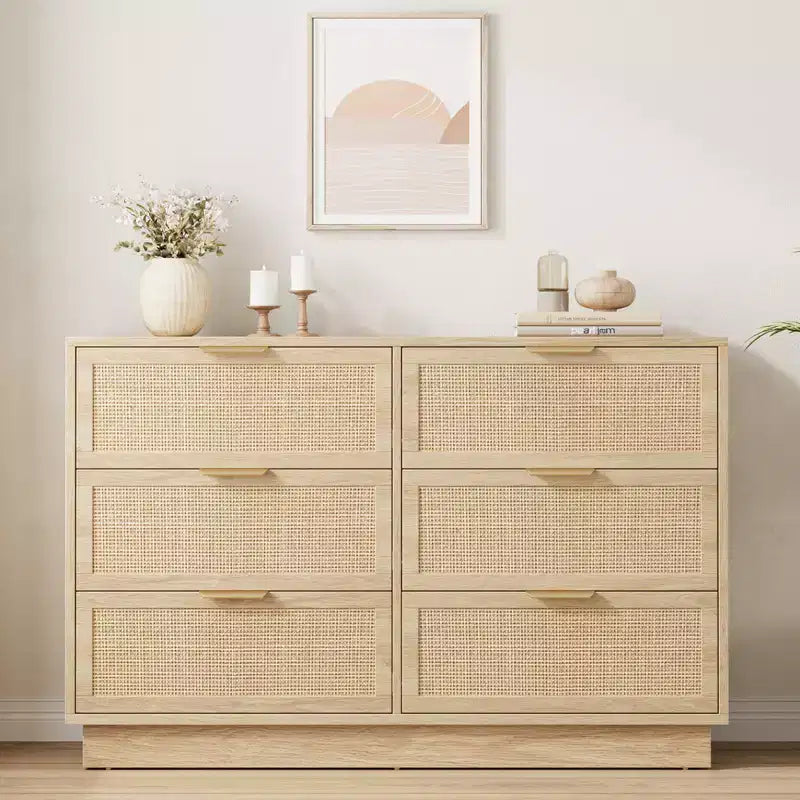 Cómoda de ratán con 6 cajones, 120 cm de ancho, roble natural, 6 cajones con tiradores metálicos y base de madera resistente para dormitorio, sala de estar, cuarto de bebé