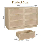 Cómoda de ratán con 6 cajones, 120 cm de ancho, roble natural, 6 cajones con tiradores metálicos y base de madera resistente para dormitorio, sala de estar, cuarto de bebé