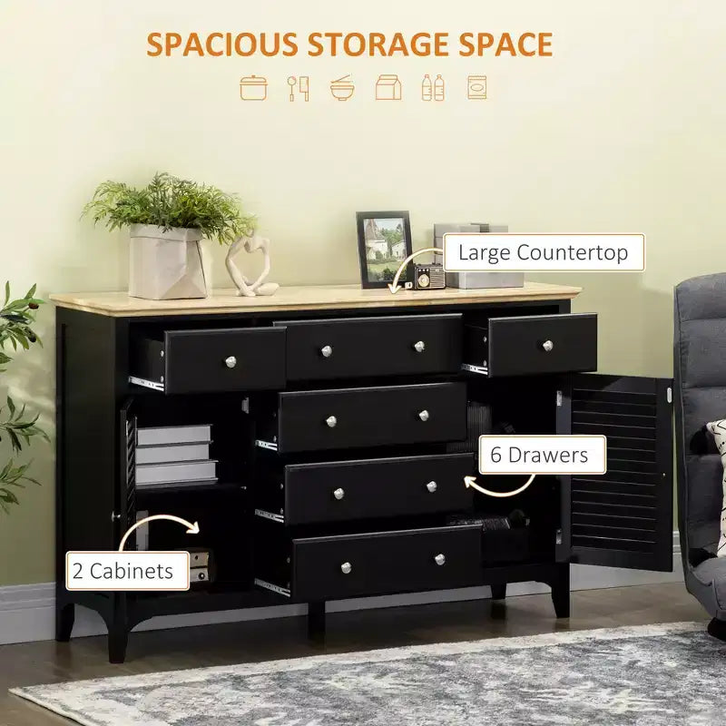 Aparador tipo bufé con cajones de almacenamiento, encimera de madera de caucho y estantes ajustables, gabinete de cocina, gabinete de barra de café