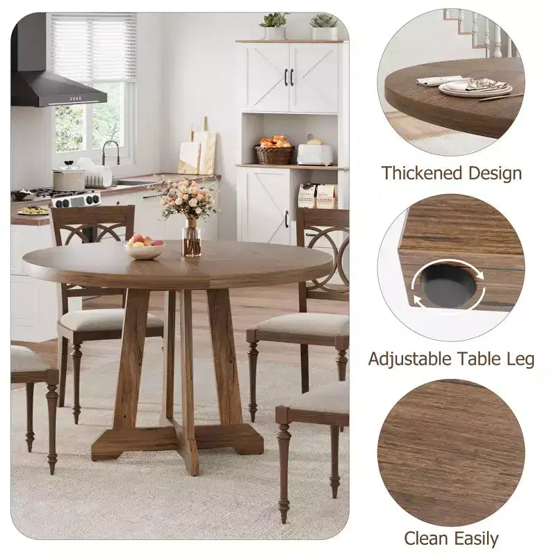 Mesa de comedor redonda COZONY de 47 pulgadas para 4 personas, mesa de cocina con pedestal de madera, base resistente y tapa de 4 secciones, mesa de comedor estilo rústico para salón