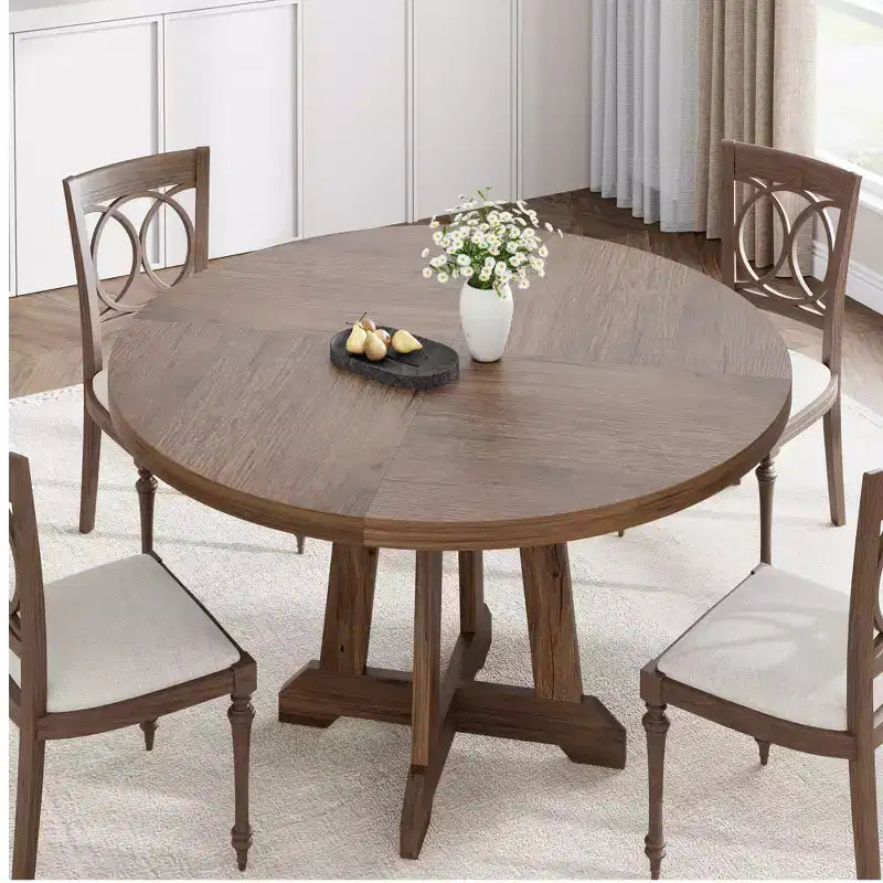 Mesa de comedor redonda COZONY de 47 pulgadas para 4 personas, mesa de cocina con pedestal de madera, base resistente y tapa de 4 secciones, mesa de comedor estilo rústico para salón