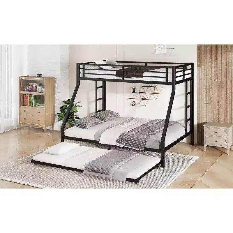 Litera de metal Bellemave Twin XL sobre Queen con nido, estructura de triple cama resistente, escaleras y barandillas, sin ruido, negro