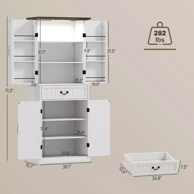Armario de despensa de cocina con 71 LED, gabinete de almacenamiento estilo casa de campo con estantes en la puerta