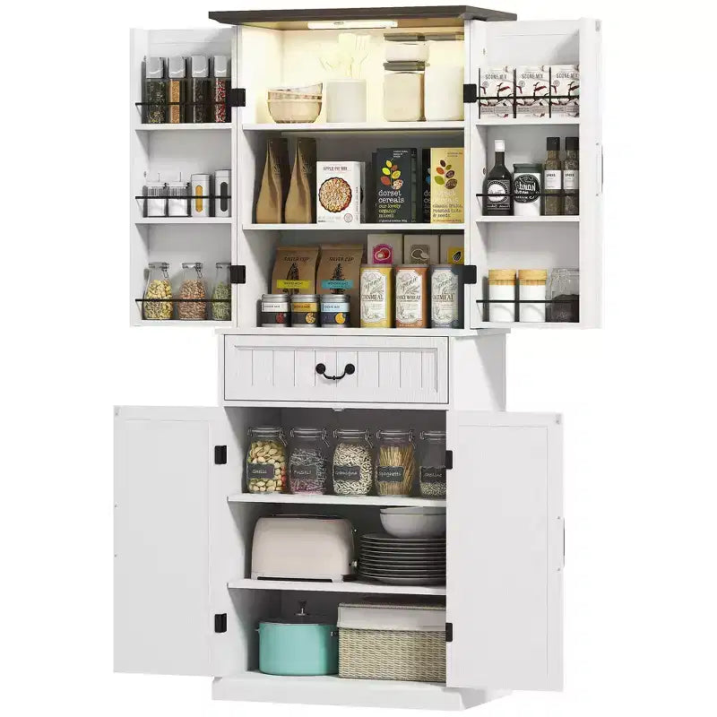 Armario de despensa de cocina con 71 LED, gabinete de almacenamiento estilo casa de campo con estantes en la puerta