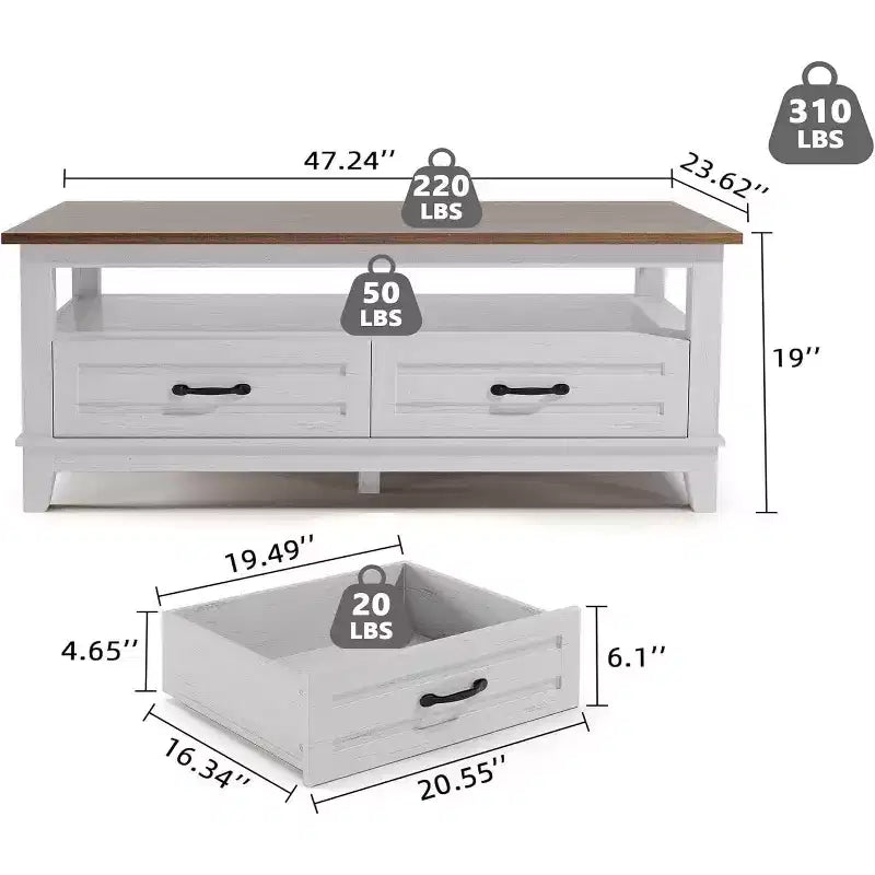 Mesa de centro Acekool estilo rústico, 2 cajones y estante abierto, mesa central rectangular de 120 cm, estructura estable de 6 patas