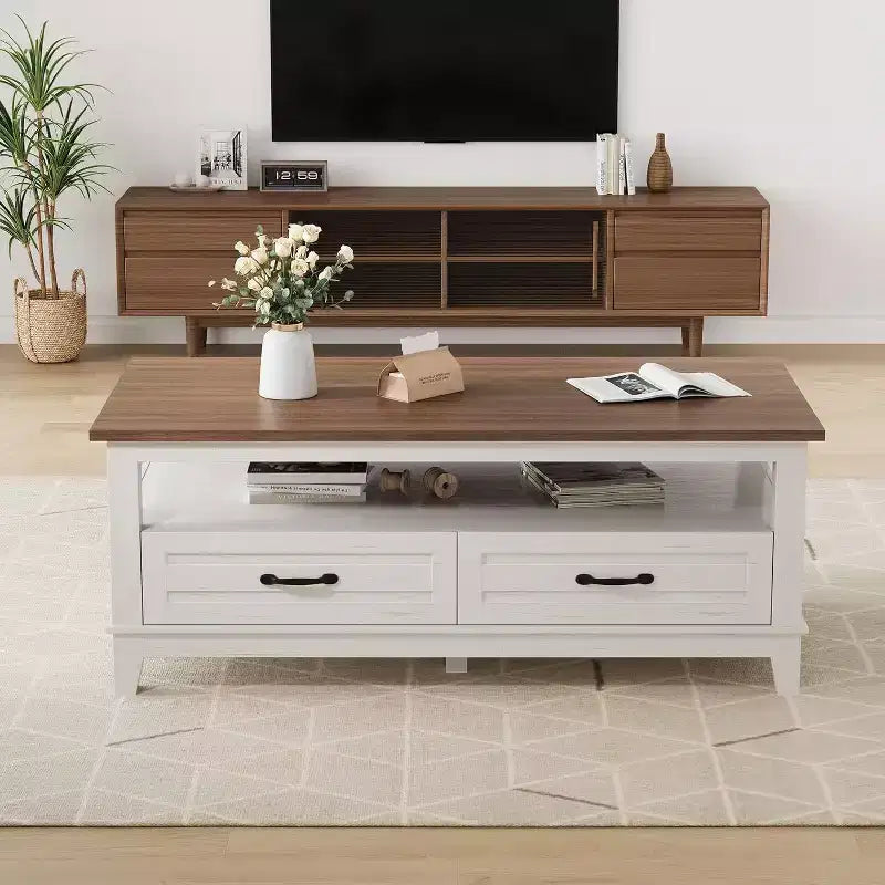 Mesa de centro Acekool estilo rústico, 2 cajones y estante abierto, mesa central rectangular de 120 cm, estructura estable de 6 patas