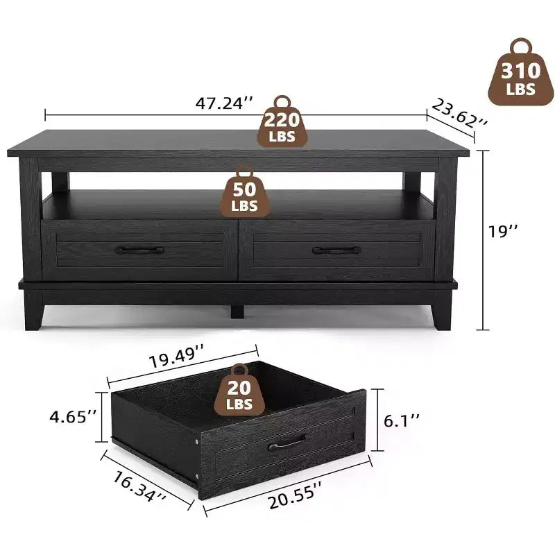 Mesa de centro Acekool estilo rústico, 2 cajones y estante abierto, mesa central rectangular de 120 cm, estructura estable de 6 patas