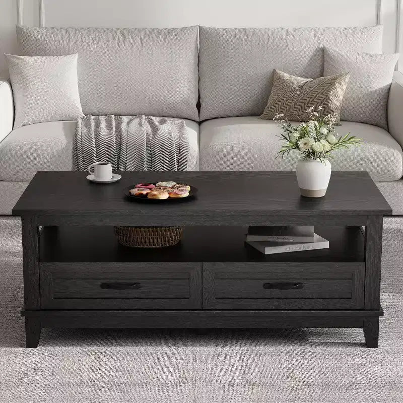 Mesa de centro Acekool estilo rústico, 2 cajones y estante abierto, mesa central rectangular de 120 cm, estructura estable de 6 patas