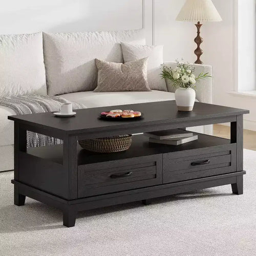 Acekool Farmhouse Coffee Table, 2 Drawers & Open Shelf, 47.24 Rectangular Center Table, Stable 6-Leg Structure