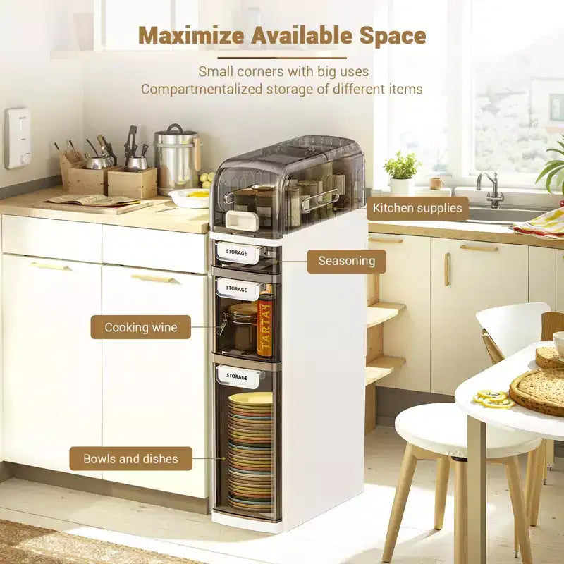 Mueble de almacenamiento de baño estrecho de 4 niveles, gabinete de baño angosto con cajones y caja de pañuelos, caja de almacenamiento delgada de plástico impermeable para espacios estrechos en la cocina
