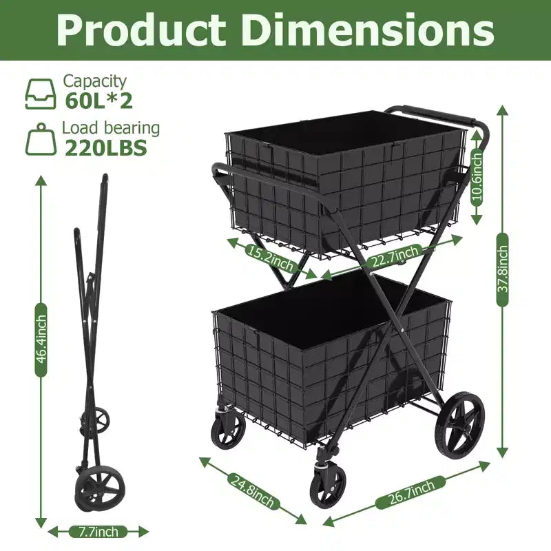 GDFStudio Salta - Carrito de compras plegable de 2 niveles con cestas extraíbles y ruedas giratorias 360