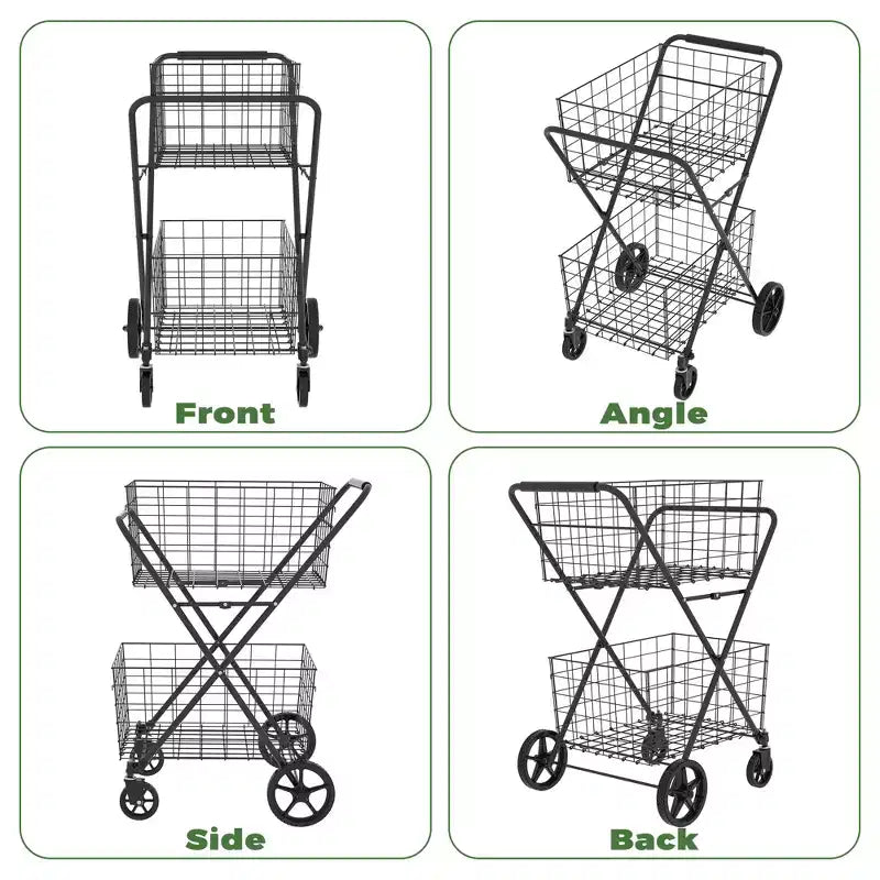 GDFStudio Salta - Carrito de compras plegable de 2 niveles con cestas extraíbles y ruedas giratorias 360