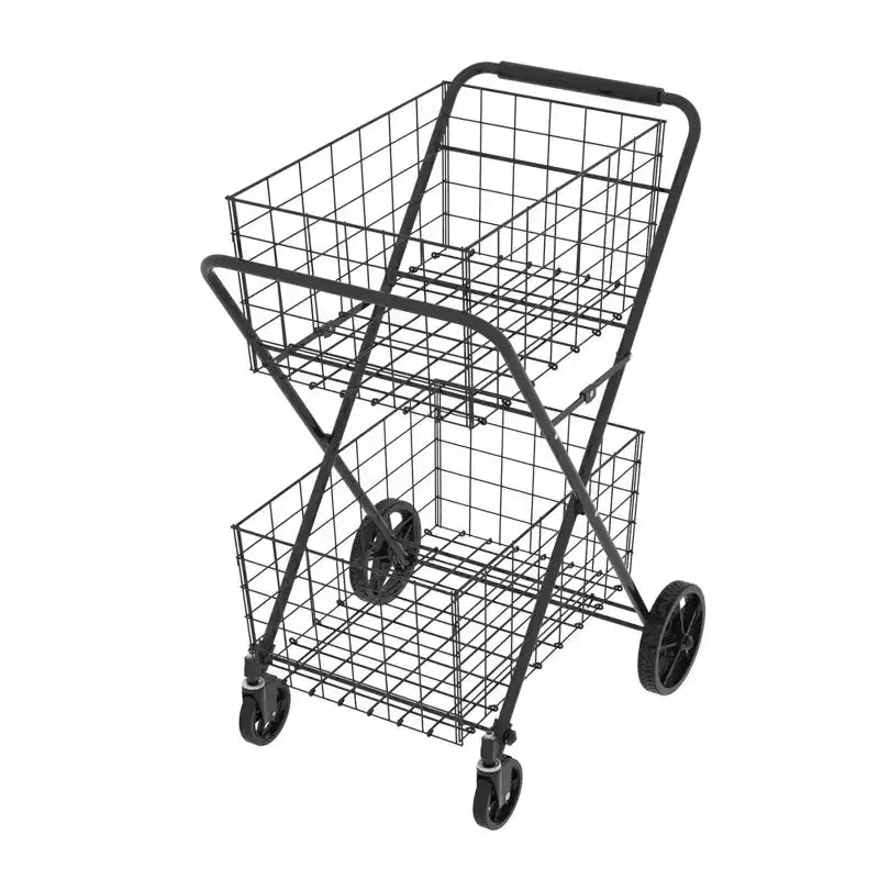 GDFStudio Salta - Carrito de compras plegable de 2 niveles con cestas extraíbles y ruedas giratorias 360
