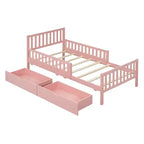 Cama de plataforma de madera con barandillas para niños, estructura de cama de plataforma de madera con 2 cajones de almacenamiento