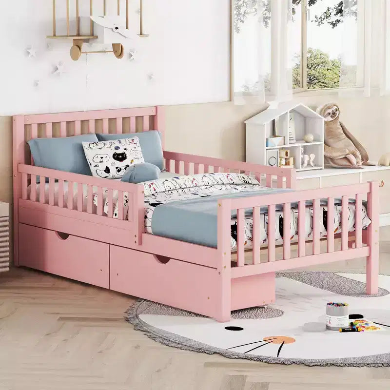 Cama de plataforma de madera con barandillas para niños, estructura de cama de plataforma de madera con 2 cajones de almacenamiento