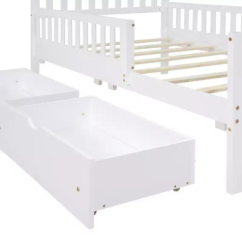 Cama de plataforma de madera con barandillas para niños, estructura de cama de plataforma de madera con 2 cajones de almacenamiento