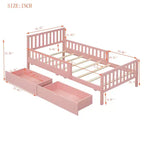 Cama de plataforma de madera con barandillas para niños, estructura de cama de plataforma de madera con 2 cajones de almacenamiento