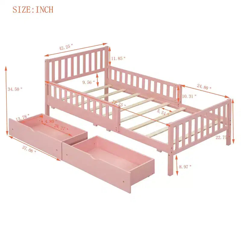 Cama de plataforma de madera con barandillas para niños, estructura de cama de plataforma de madera con 2 cajones de almacenamiento