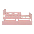Cama de plataforma de madera con barandillas para niños, estructura de cama de plataforma de madera con 2 cajones de almacenamiento