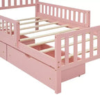 Cama de plataforma de madera con barandillas para niños, estructura de cama de plataforma de madera con 2 cajones de almacenamiento