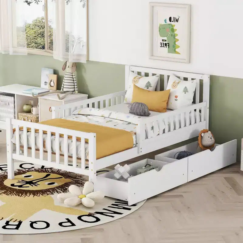 Cama de plataforma de madera con barandillas para niños, estructura de cama de plataforma de madera con 2 cajones de almacenamiento