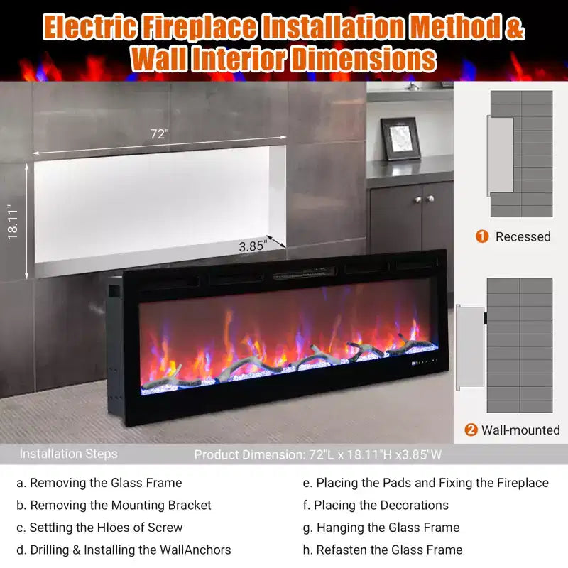 CuisinSmart Chimenea eléctrica empotrable de pared de 72 pulgadas, con 12 colores de llama, doble calefacción de 750w/1500w, chimenea inteligente con control de voz